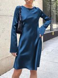 Yipinpay Flare Sleeves Casual Women Satin Dress Blue Round Neck A-Line Dress Zipper Spring 2023 Summer Fashion Female Dress