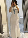 Yipinpay Denim Patchwork Knitted Maxi Dress Women¡®s Short Sleeve Slim Bodycon Long Dress Elegant Lady Holiday Street Party Robe