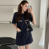 Yipinpay O Neck Contrast Pocket Loose Short Sleeve Tweed Dress Women Vestidos Mujer Elegant Wrap Hip Y2k Dress Korean Robe