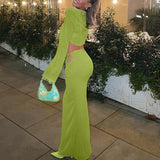 Yipinpay Sexy Women 2 Pieces Skirts Outfits Solid Color Long Sleeve Cardigan Crop Tops + Side Cutout Tie-Up Long Skirt Set S M L