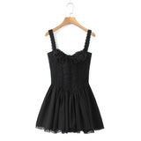 Yipinpay Sexy Women French Style Spliced Lace Sling Dress Vintage Cross Bandage Back Low Waist Swing Ladies A-line Party Mini Robe