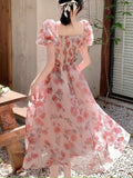 Yipinpay Floral Midi Dress Beach Style 2023 Summer Short Sleeve Elegant Dress Woman Boho Casual One Piece Dress Korean Fashion