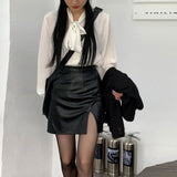 Yipinpay Punk Leather Skirt Women Black Sexy Split Slim High Waisted A-line Mini Skirts Autumn Korean Fashion Harajuku Streetwear