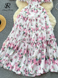 Yipinpay Beach Vacation Floral Print Dress Women Backless Lace Up Cross Bandage Ruched Korean Hotsweet Fashion Party Long Dress