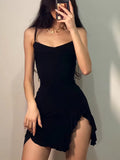 Yipinpay Dark Gothic Sexy Black Dress Women Streetwear Aesthetic Y2k Spaghetti Strap Lace Patchwork Irregular Hem Dress Female