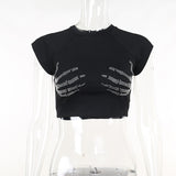 yipinpay T-Shirt Rhinestone Tops Women Cotton T-Shirt O Neck Crop Top Summer Tees Basic Casual Punk Grunge Streetwear Black Top