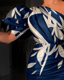 Yipinpay Women 2023 Plants Print One Shoulder Puff Sleeve Slit Dress All Over Print Irregular Plain Grace Fashion