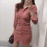 Yipinpay OL Retro All-match Temperament Pink Lapel Single Breasted Wrap Hip Dress Mini Slim High Waist Solid Vestido Mujer Shirts