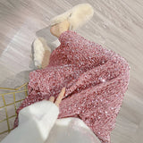 Yipinpay Pink Sequin Midi Skirts For Women Fashion Evening Party High Waist Slim Fit Skirt Long Black Gray Glitter Female Bottoms