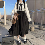Yipinpay Gothic Lolita Long Skirt Women Harajuku Ruffle Strap Black Skirt High Waist Soft Girl Japanese Kawaii Streetwear Summer