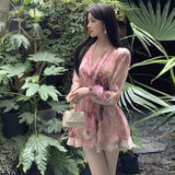 Yipinpay Sexy Dress Woman Fashion Sweet Floral Printed Criss Cross V Neck Lantern Long Sleeve Vintage Elegant Dresses Female
