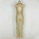 Yipinpay Craft Sexy Women's Round Neck Sleeveless Hollow Skirt Solid Color Fashion Perspective Beach Slim Cut Dress Party Clothing