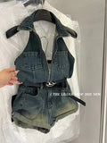 Yipinpay Polo Neck Sleeveless Cowboy Jumpsuit Women Summer New Fashion Spicy Girl Backless Waist Slimming Rolled Edge Shorts Women