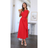 Yipinpay Waist Hollow Split Dress 2024 Summer Sleeveless Round Neck Back Zipper Tank Women's Robe Casual Comfortable Party Dress