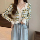 Yipinpay floral short knitted cardigan women autumn 2024 sweater jacket design sense long sleeve v neck cardigan sweater female