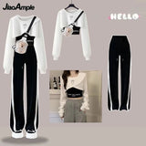 Yipinpay Spring Autumn Women's Tracksuit Set Korean Fashion Short Long-sleeved Sweater+Vest+Casual Wide Leg Pants Three-piece Suit
