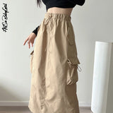 yipinpay Women's Cargo Skirt Pockets Split Long Skirts Y2k Streetwear 2000s Aesthetic Drawstring Aesthetic Skirts High Waist A Line Skirt