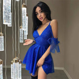 Yipinpay Women Shiny Sequined Party Dress Solid Color Spaghetti Strap V-Neck A-Line Cocktail Clubwear Short Mini Dresses