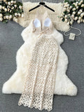 Yipinpay Beachwear Sexy Two Pieces Sets Women Halter Backless Camisole+Hook Flower Hollow Skirt Fashion Vintage Knitted Suit