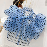 Yipinpay Puff Sleeve Black Polka Dot Shirt Women Vintage Blusa Bow Lace Up Lantern Sleeve Transparent Shirt New Blouse Top 2023