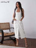 Yipinpay Summer Cotton White Dress Women Elegant Lace-Up Pockets Slim Straight Dress 2023 Women Evening Fashion Button Dress