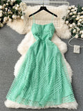 Yipinpay Fashion Temperament Long Dress Spaghetti Strap Sleeveless Design Female Solid Senior Embroidery Mesh Party Dress