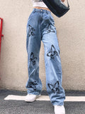 Yipinpay Fall Trousers High Waist Butterfly Print Y2K Jeans For Women Fashion Loose Denim Straight Leg Pants Casual Clothing XS-L