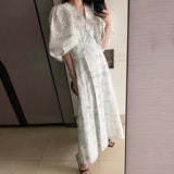 Yipinpay Vestidos De Mujer V Neck High Waist Large Swing Lantern Sleeve White Graffiti Dress Women Vintage Loose Short Minimalism
