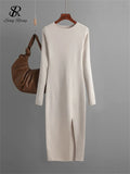 Yipinpay Autumn Skinny Knitted Dress Female O Neck Split Outerwear Fashion Korean Style Office Lady Solid Slim Sweater Dress