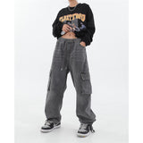 yipinpay Women's Vintage Grey Cargo Jeans Big Pocket High Waist Stretchy Baggy Wide Leg Pants Casual Fashion Denim Trouser Ladies Summer