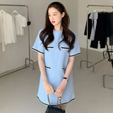 Yipinpay O Neck Contrast Pocket Loose Short Sleeve Tweed Dress Women Vestidos Mujer Elegant Wrap Hip Y2k Dress Korean Robe