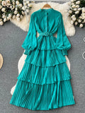 Yipinpay Spring French Style Chiffon Long Dress 2024 Long Sleeve Single Breasted Fashion Belt Women A-Line Elegant Party Dress