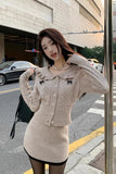 Yipinpay Girl Suit Women's Peter Pan Collar Long-sleeved Knitted Top Wrapped Hip Mini Skirt Two-piece Set Fashion Female Clothes