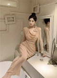 Yipinpay Temperament Dresses Women Bow Bandage Swinging Collar Flare Long Sleeve Solid Vintage Elegant Dress French Style