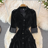 Yipinpay Vintage Maxi Pocket Single-Breasted Black Velvet Dress for Women Long Vestidos Mujer Party Autumn Winter Clothes A Line Robe