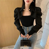 Yipinpay Lady Solid Color Patchwork Shirt Fake Two Spring Autumn Women's Clothing Korean Fashion Button Chain Blouse Slim Tops