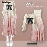 Yipinpay Women's Spring Autumn New Knitted Sweaters Two Piece 2024 Korean Elegant Bow Cardigan Strap Skirt Matching Set Female Clothing
