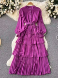 Yipinpay Spring French Style Chiffon Long Dress 2024 Long Sleeve Single Breasted Fashion Belt Women A-Line Elegant Party Dress