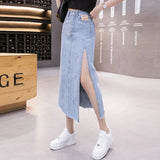 Yipinpay Long Maxi Denim Skirt for Women's Y2k Korean Fashion 2023 Female Loose Sexy Side Slit Open Legs Skirts Jeans Retro Bag Hip