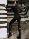 Yipinpay Shoulder Pads Long Sleeve Jumpsuit Women Summer Cross Bandage Sexy Jumpsuits Femme Black V-Neck Bodycon Overalls