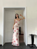 Yipinpay Grunge Elegant Midi Dress Women Y2k Vintage Streetwear Spaghetti Strap High Waist Florals Printed Party Dress Female
