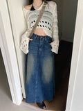 Yipinpay Vintage Long Denim Skirt Woman Jean Skirts For Ladies A Line 0407