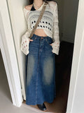 Yipinpay Vintage Long Denim Skirt Woman Jean Skirts For Ladies A Line