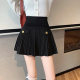 Yipinpay Line Black Woolen Pleated Skirts Women Slim Wild Faldas Mujer Mini Umbrella Skirt High Waist Spring Jupe