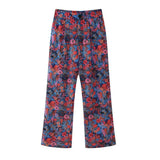 Yipinpay Flower Printing Long Pant Set Women Elegant O Neck Lace Up Short Sleeve Shirts Wide Leg Trousers Chic Lady 2 Pieces Sets