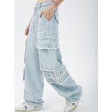 yipinpay Women's Straight Cargo Jeans High Waist American Streetwear Vintage Pants Chic Design Casual Ladies Denim Wide Leg Trouser