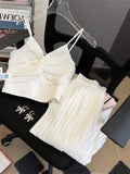 Yipinpay Women's Wide Leg Pants Suspenders Two-piece White Pleated Suit Office Lady High Street Sets V Neck Vest Folds Trousers