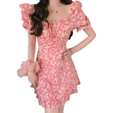 Yipinpay Women Floral Mini Dress, Short Sleeve Sweetheart Neck Casual Dating Summer A-line Dress