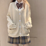 Yipinpay Japanese School Basic Sweaters Women Autumn Kawaii Solid V-neck Loose Knitted Cardigan Preppy Style JK Uniform Cosplay