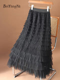 yipinpay Fashion Luxury Elegant Fairy Long Maxi Skirt Women Mesh Layers Pleated Korean Cupcake Skirts for Woman Faldas 96cm